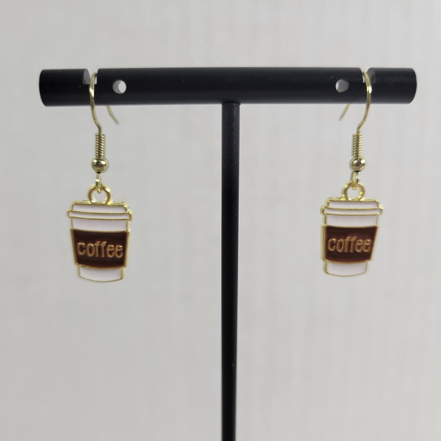 Coffee Cup Earrings One Pair Gold Tone Fish Hook Dangle Caffeine Morning Joe