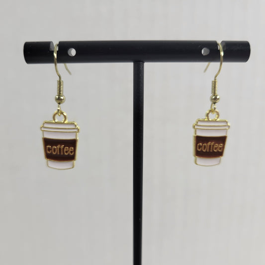 Coffee Cup Earrings One Pair Gold Tone Fish Hook Dangle Caffeine Morning Joe