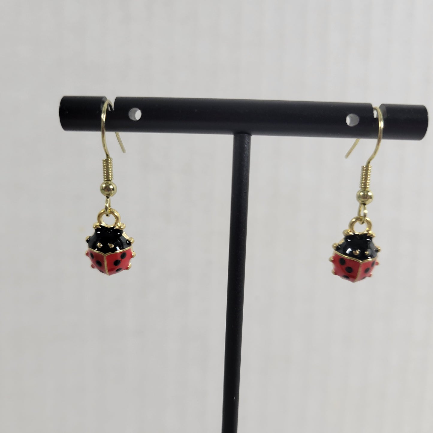 Ladybugs Earrings One Pair Gold Tone Hanging Dangle Fish Hook Red Novelty