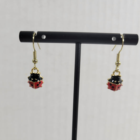 Ladybugs Earrings One Pair Gold Tone Hanging Dangle Fish Hook Red Novelty