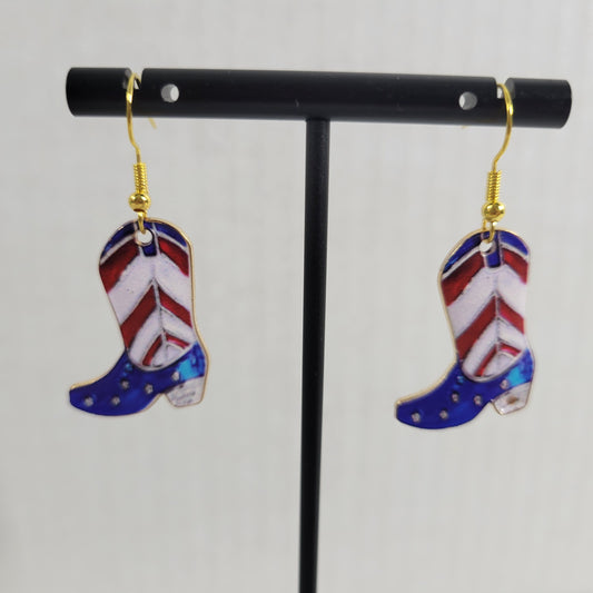 4th of July Patriotic Western Dangle Earrings Gold Hook Multi Color Rodeo E15E
