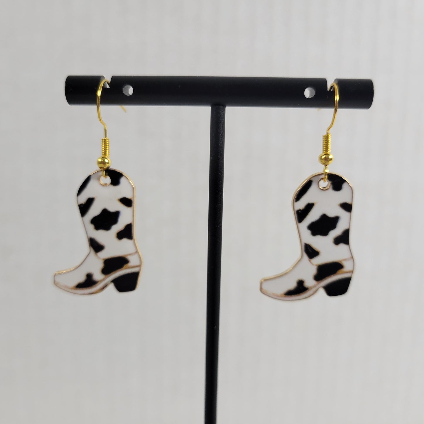 Cowgirl Boot Cow Print Dangle Earrings Black White Western Drop E18E