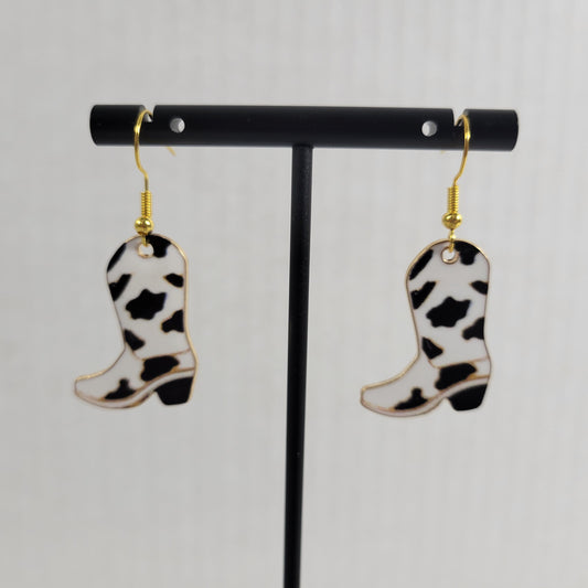 Cowgirl Boot Cow Print Dangle Earrings Black White Western Drop E18E