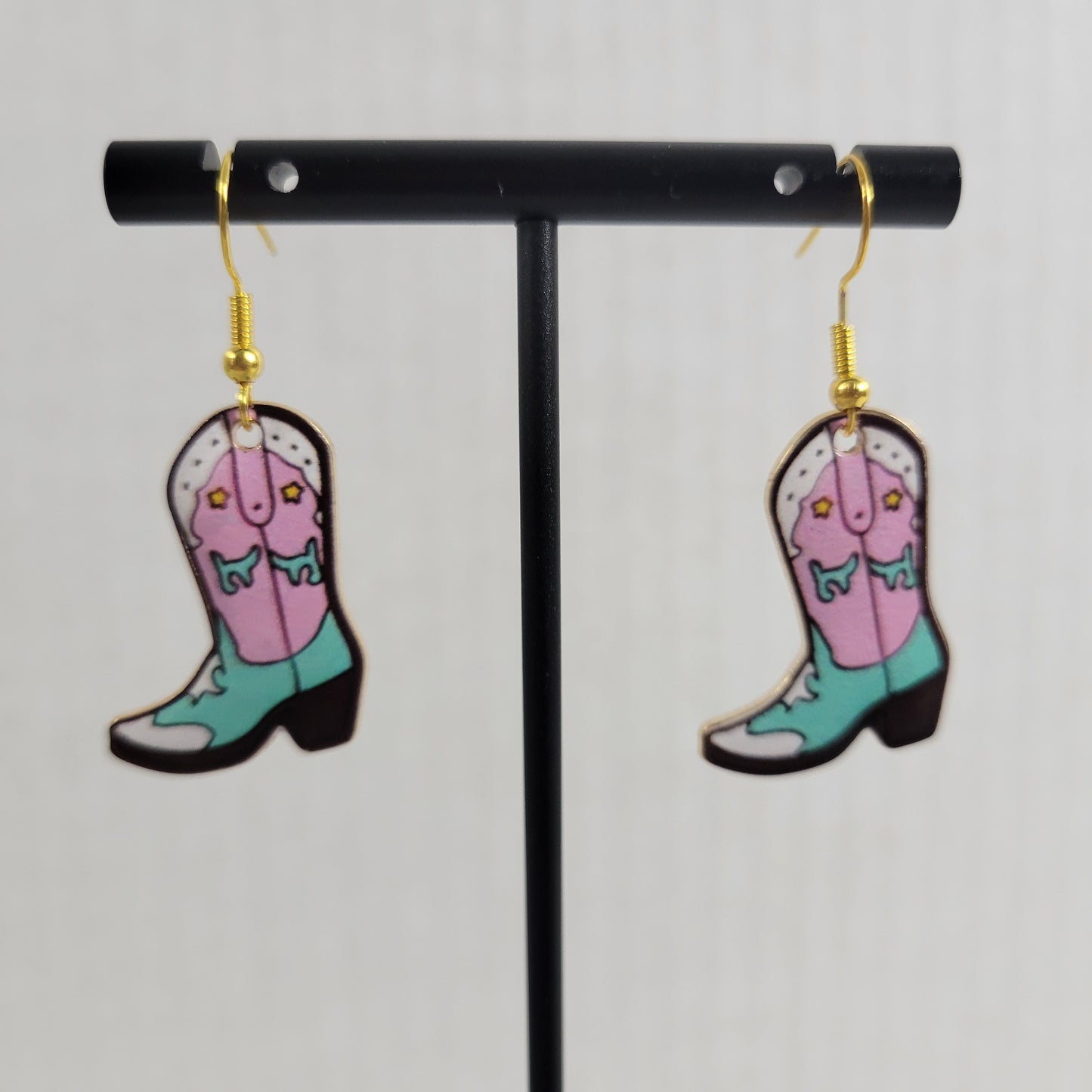 Pink Blue Cowgirl Boot Dangle Earrings Western Splotch Country Jewelry E19E