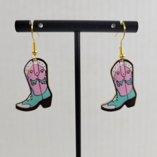 Pink Blue Cowgirl Boot Dangle Earrings Western Splotch Country Jewelry E19E