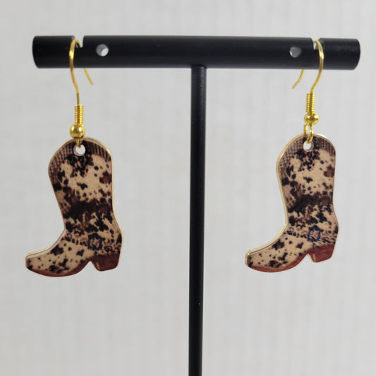 Brown Tan Cowgirl Boot Dangle Earrings Western Splotch Drop Jewelry E20E