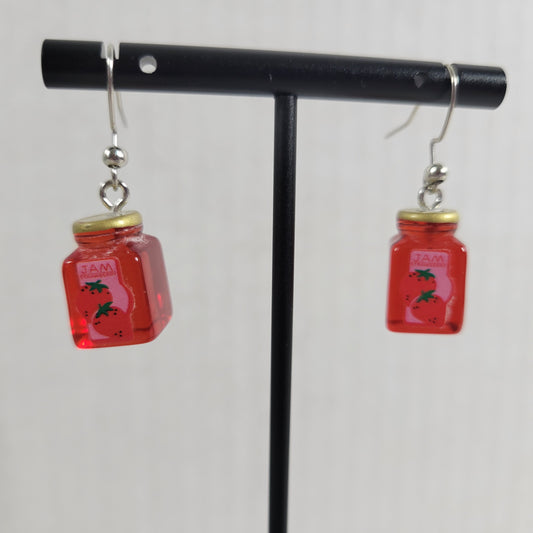 Strawberry Jam Jars 3D Dangle Earrings Red Fruit Food Fish Hook Novelty E21E