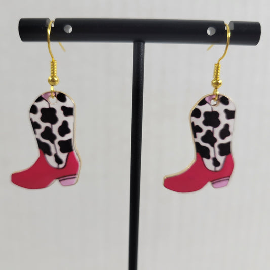Pink White Cowgirl Boot Dangle Earrings Cow Print Western Rodeo Jewelry New E26E