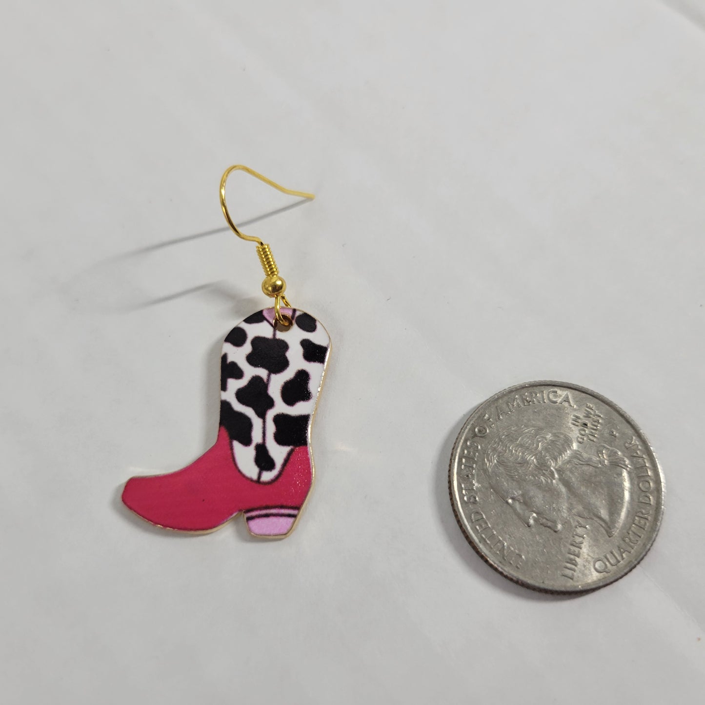 Pink White Cowgirl Boot Dangle Earrings Cow Print Western Rodeo Jewelry New E26E