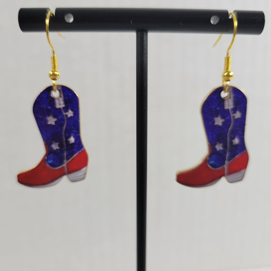 4th of July Cowgirl Boot Dangle Earrings Patriotic Western Americana New E27E