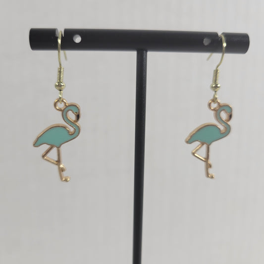 Flamingos Blue Womens Earrings One Pair Gold Tone Hanging Dangle Fish Hook