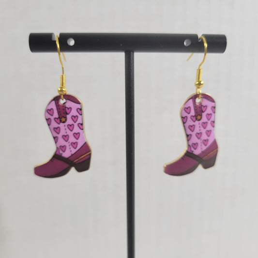 Valentine Pink Heart Cowboy Boot Dangle Earrings Western Rodeo Jewelry New E31E
