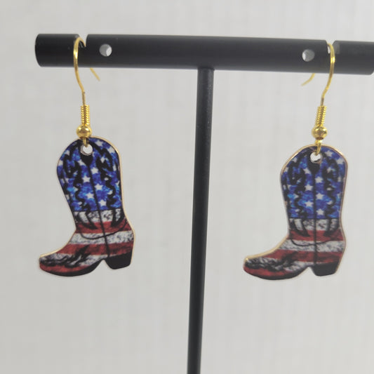 4th of July Stars Stripes Dangle Earrings Red White Blue Western Rodeo E32E