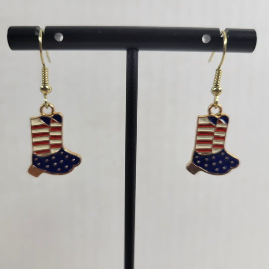 USA Flag Cowgirl Boots Earrings Patriotic July 4th Dangle Drop Women E57E