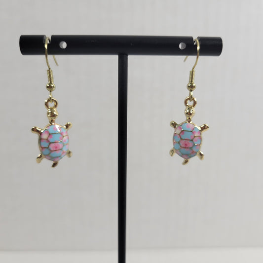 Turtle Dangle Drop Earrings Women Pink Blue Zinc Alloy Gold Tone Hooks  E74E