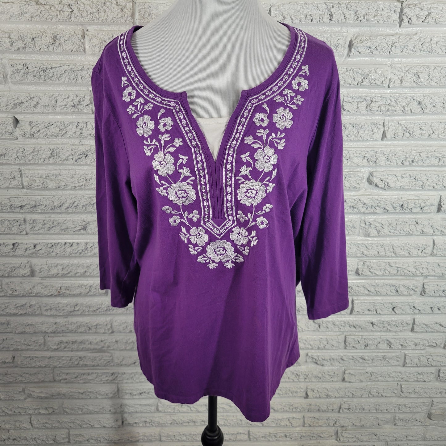Laura Scott Embroidered Top 2X Purple 100% Cotton 3/4 Sleeve Square Neck PUR65E