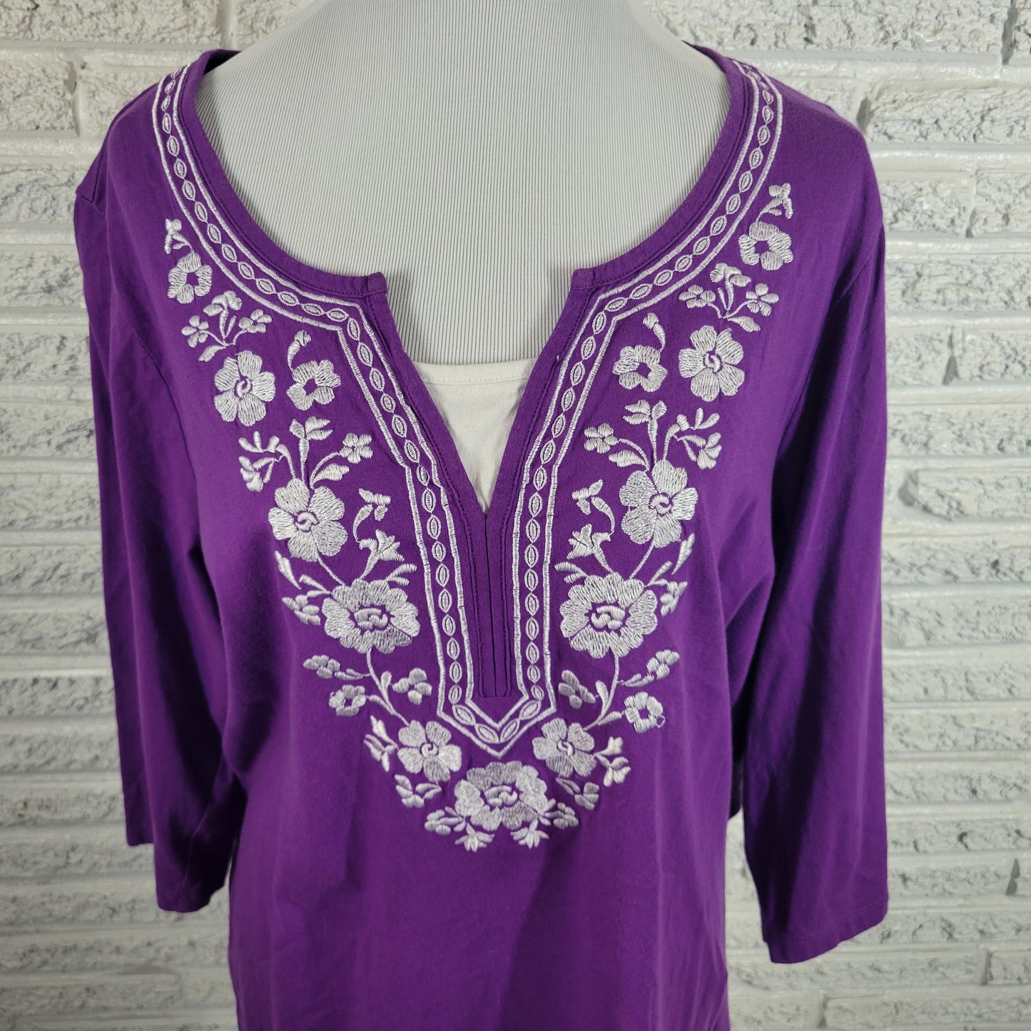 Laura Scott Embroidered Top 2X Purple 100% Cotton 3/4 Sleeve Square Neck PUR65E