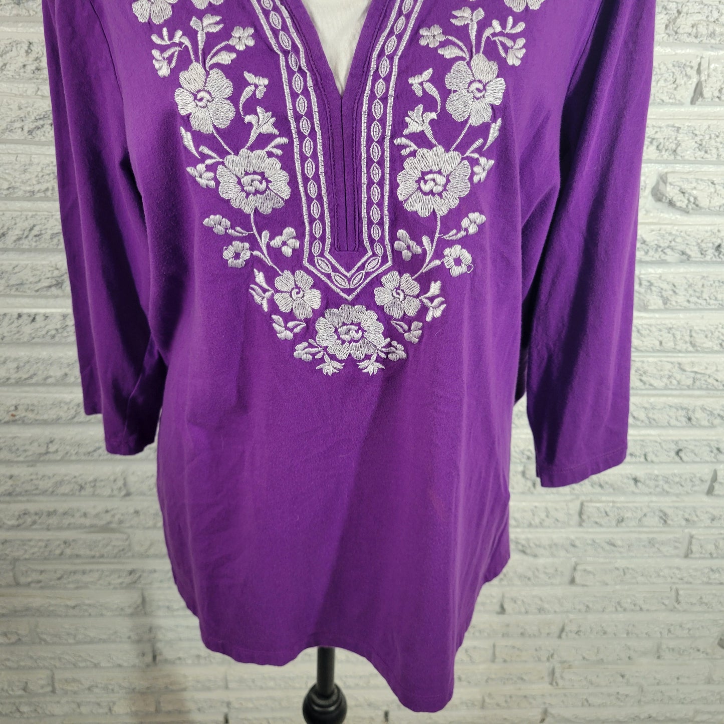Laura Scott Embroidered Top 2X Purple 100% Cotton 3/4 Sleeve Square Neck PUR65E