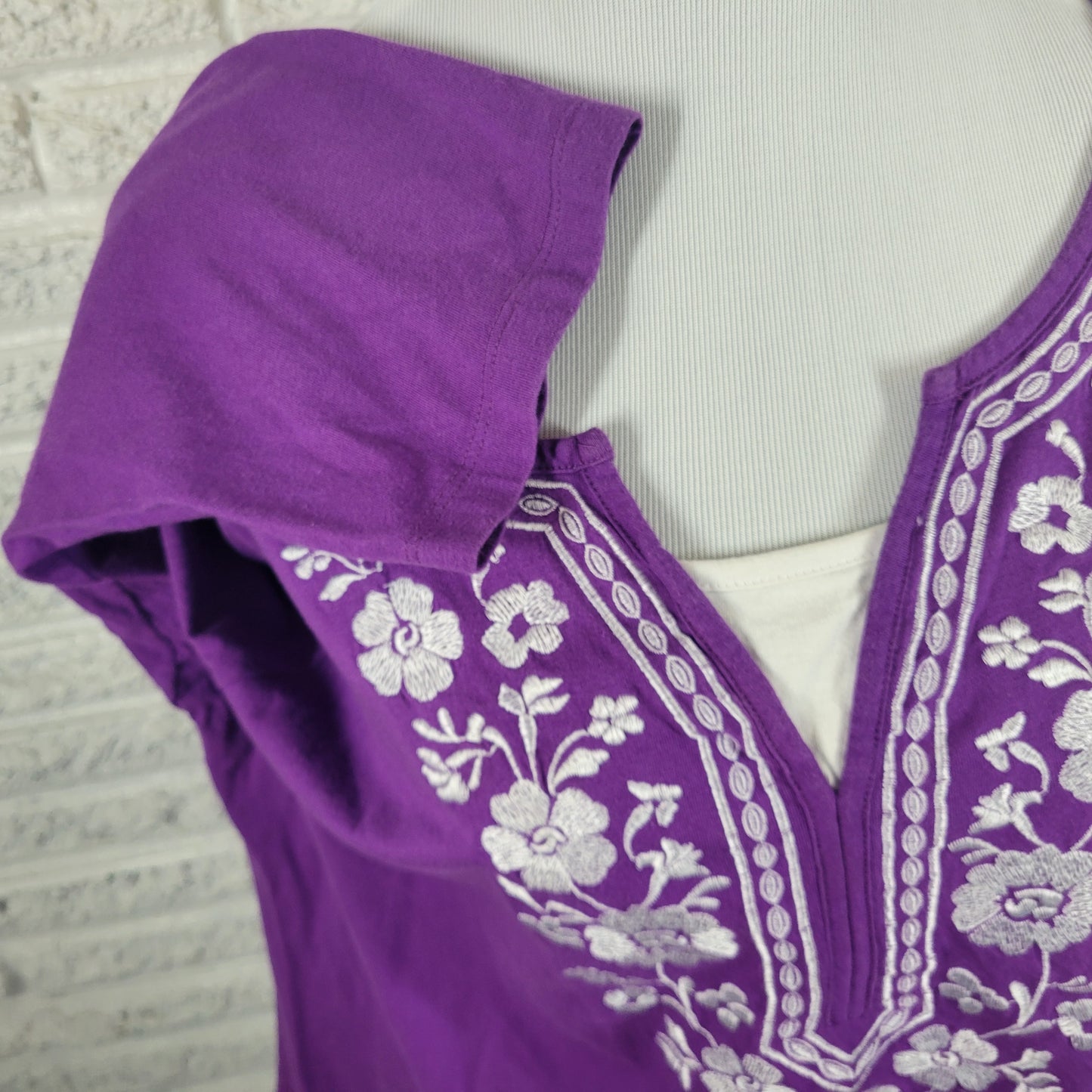 Laura Scott Embroidered Top 2X Purple 100% Cotton 3/4 Sleeve Square Neck PUR65E