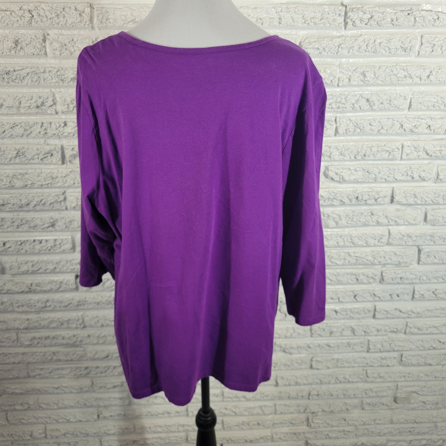 Laura Scott Embroidered Top 2X Purple 100% Cotton 3/4 Sleeve Square Neck PUR65E