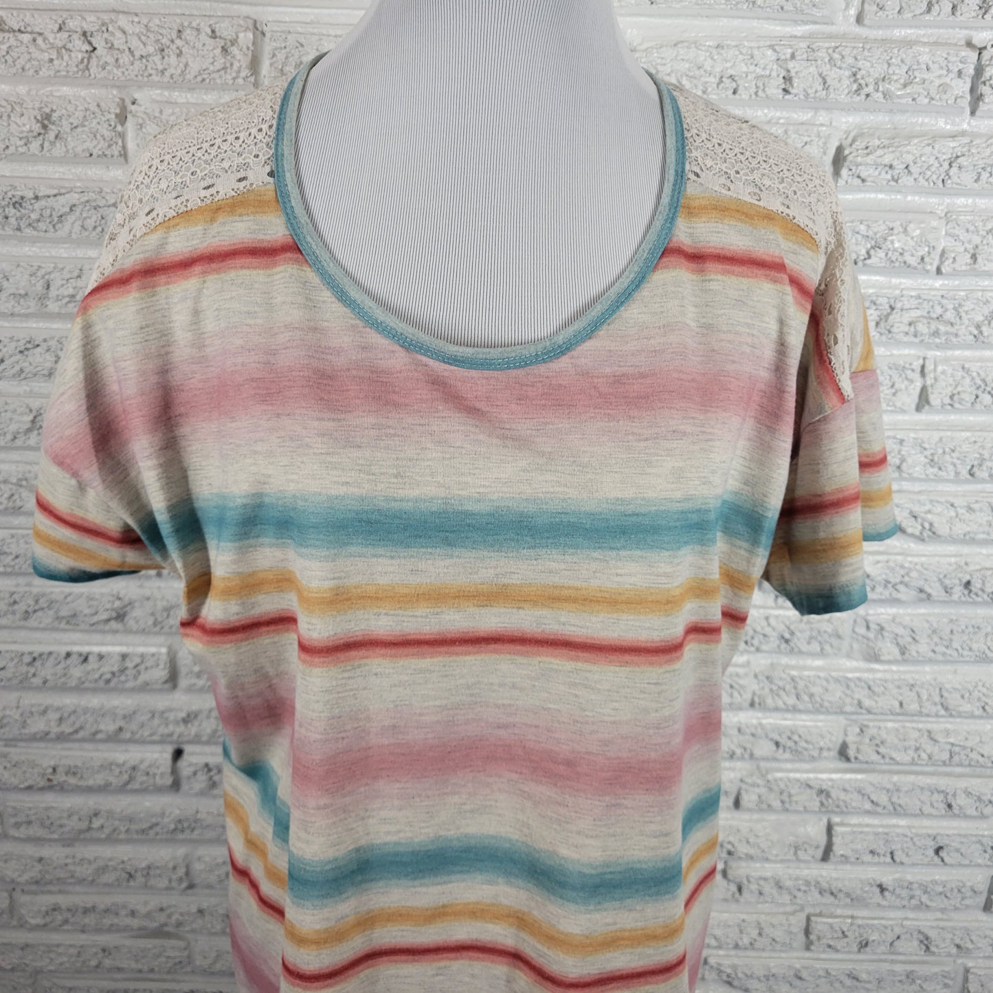 Cato Est 1946 Lace Sleeve Watercolor Stripe Tee Shirt XL Regular Fit WAT24E