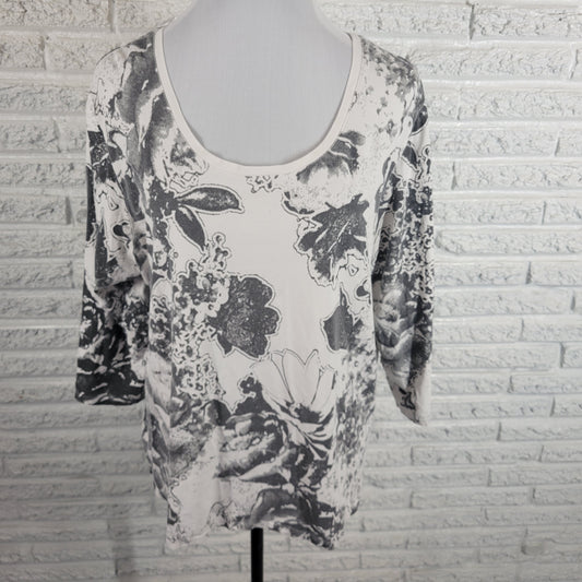 Coldwater Creek Floral Tee 2X Gray Cotton Blend 3/4 Sleeve Crew Neck FLO169XE