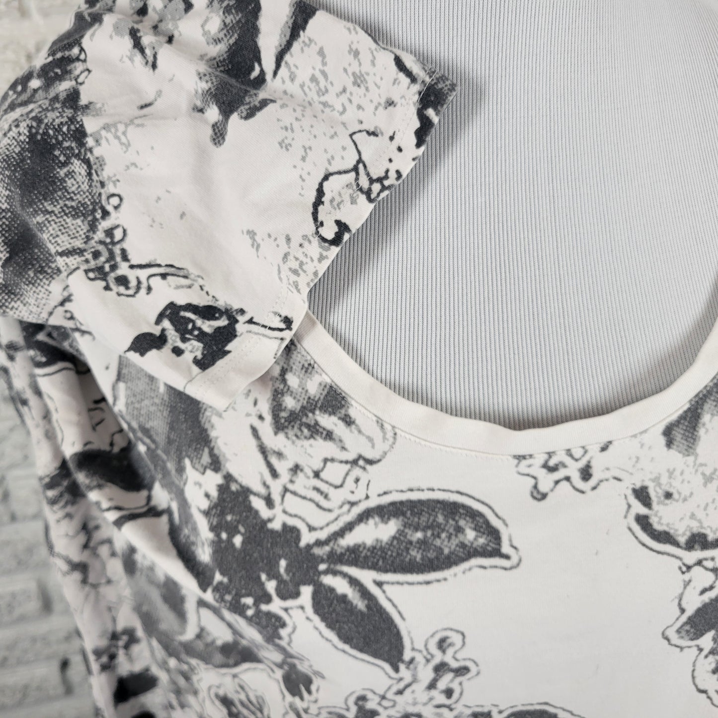 Coldwater Creek Floral Tee 2X Gray Cotton Blend 3/4 Sleeve Crew Neck FLO169XE