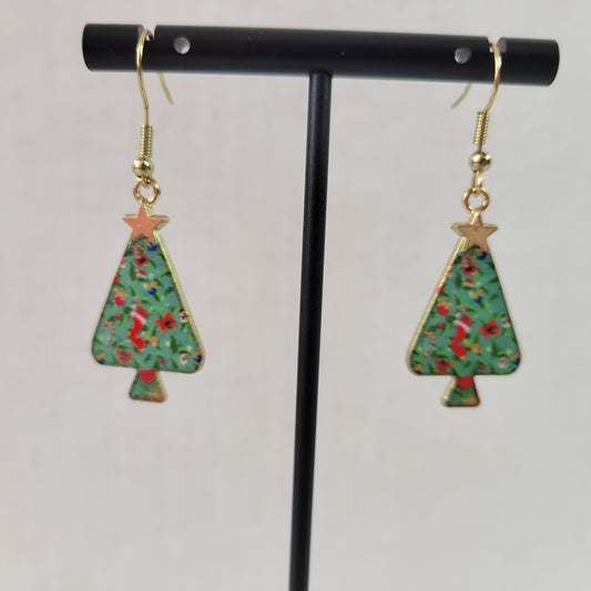 Christmas Tree Dangle Drop Earrings Women Jewelry Gold Tone Holiday Gift E80E