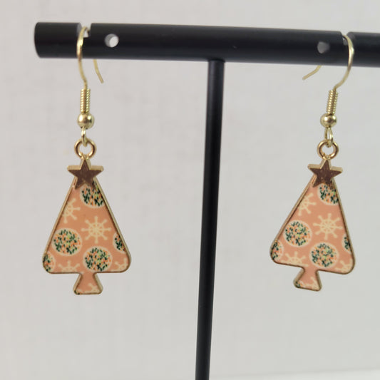 Pink Christmas Tree Dangle Drop Earrings Women Jewelry Gold Tone Holiday E81E