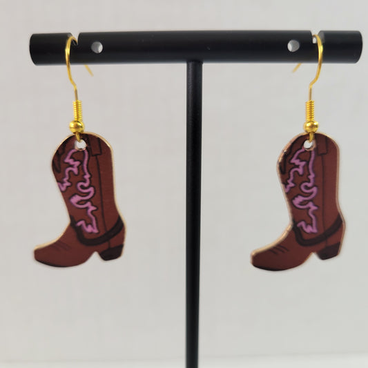 Cowgirl Boot Dangle Earrings Brown Pink Gold Tone Rodeo Western Women Gift E91E