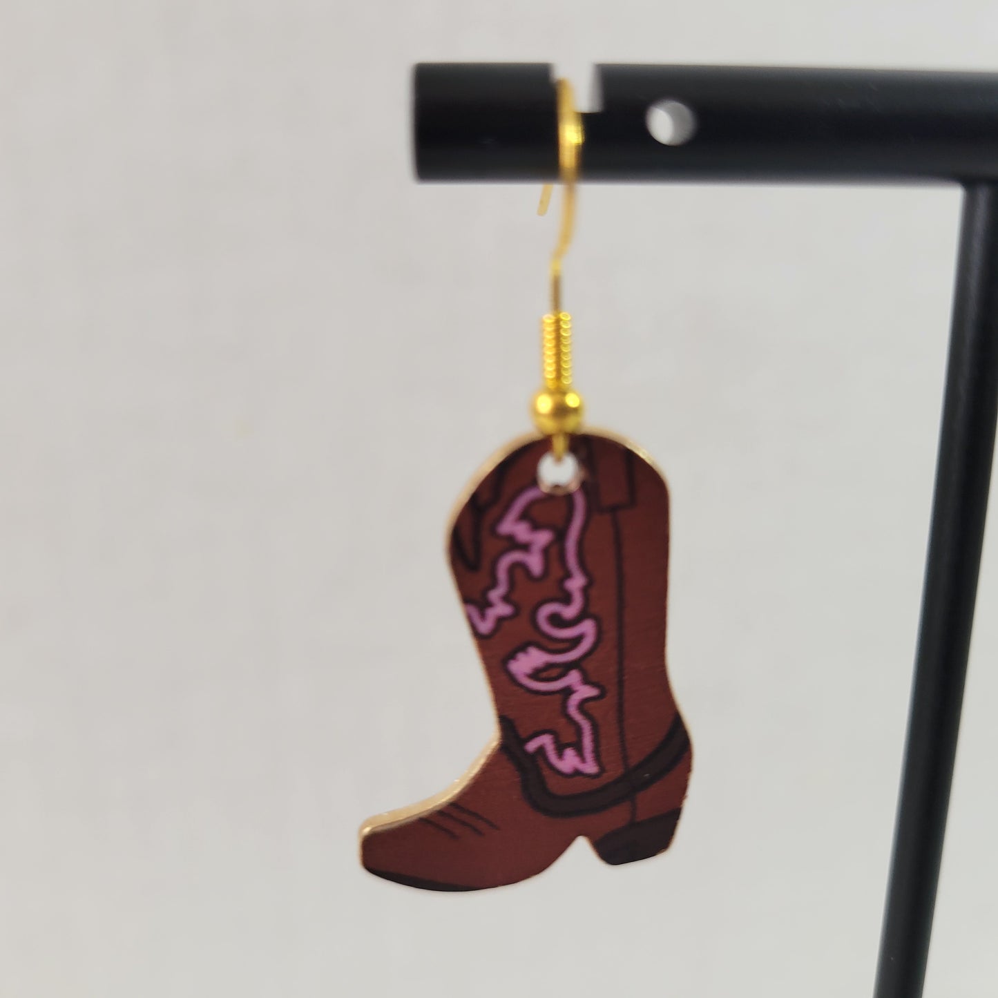 Cowgirl Boot Dangle Earrings Brown Pink Gold Tone Rodeo Western Women Gift E91E