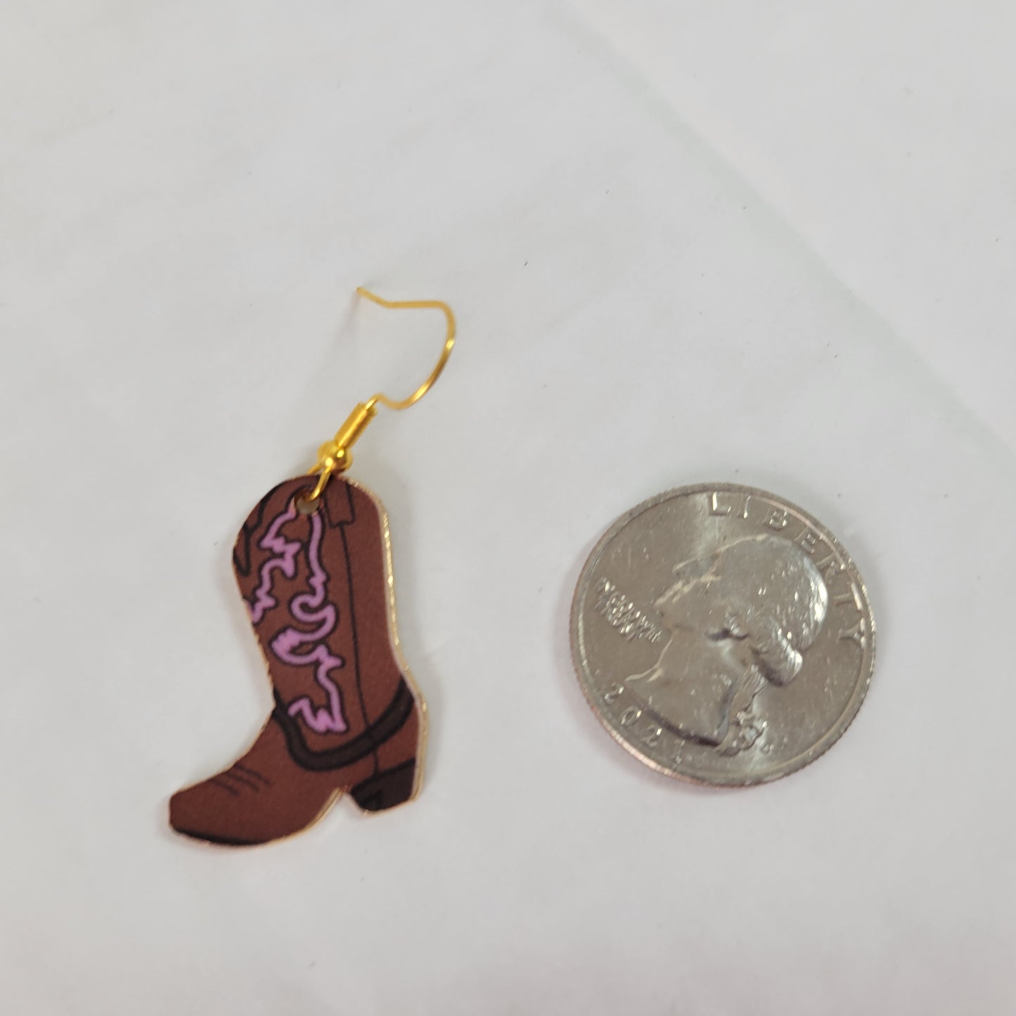 Cowgirl Boot Dangle Earrings Brown Pink Gold Tone Rodeo Western Women Gift E91E