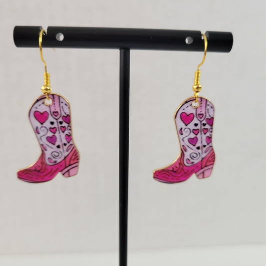 Valentines Day Cowgirl Boot Dangle Earrings Pink White Heart Rodeo Western E92E