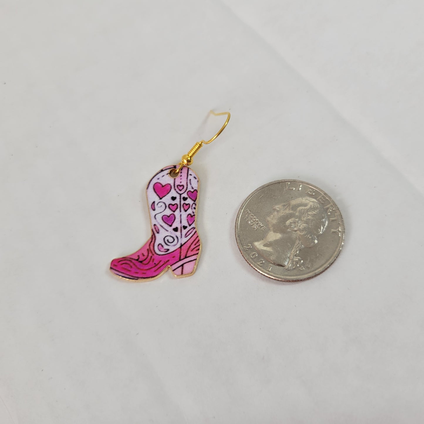 Valentines Day Cowgirl Boot Dangle Earrings Pink White Heart Rodeo Western E92E