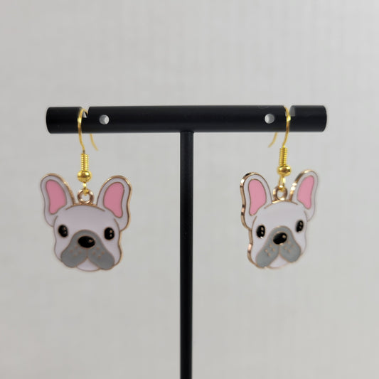 White French Bulldog Enamel Dangle Earrings Cute Frenchie Dog Gift E130E
