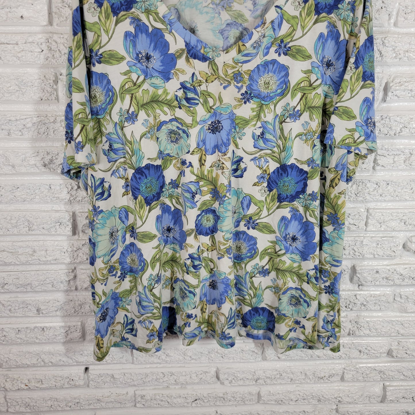 Lane Bryant Womens Top 26 28 Plus Blue Green Floral V Neck Short Sleeve FLO51E