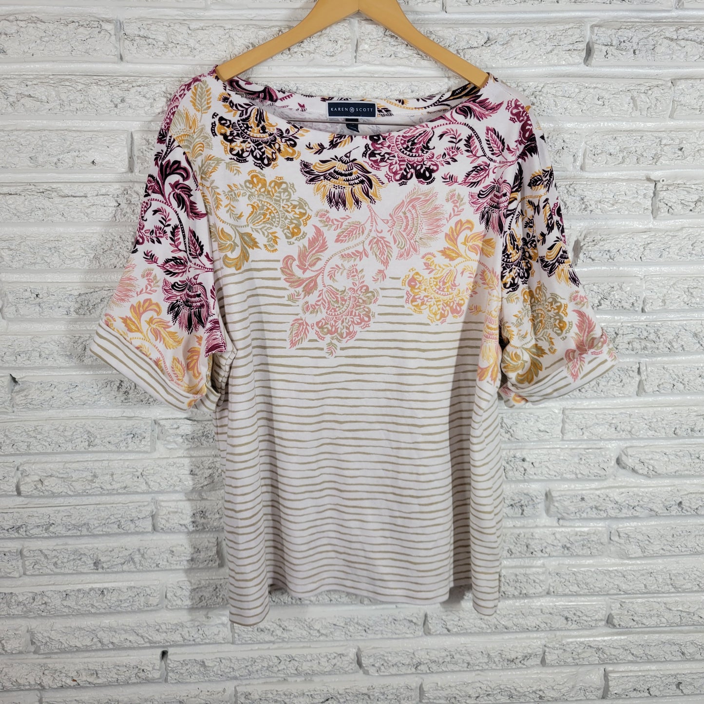 Karen Scott Womens 3X  T Shirt Multicolor Floral Striped Crew Neck FLO73E