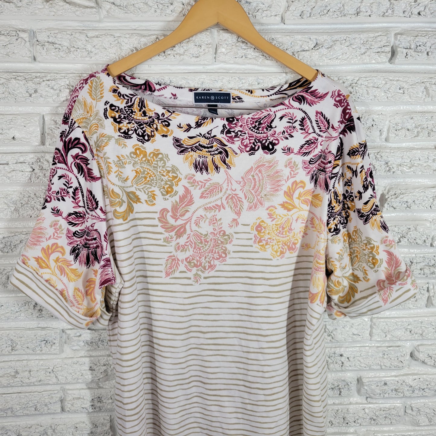 Karen Scott Womens 3X  T Shirt Multicolor Floral Striped Crew Neck FLO73E