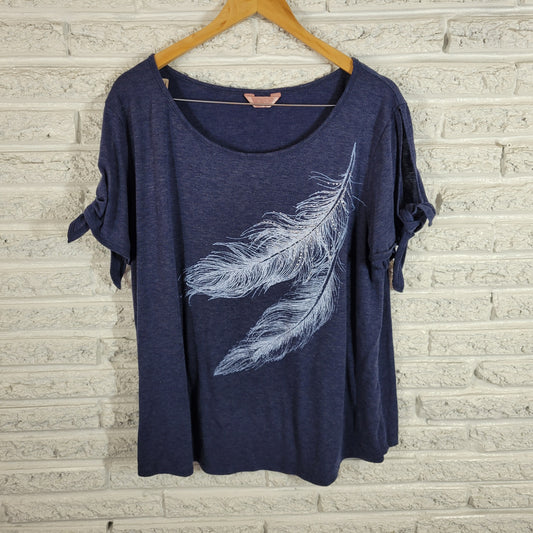 SJS Womens Tee 2X Blue Feather Studded Tied Open Sleeve Plus Size BLU30XE