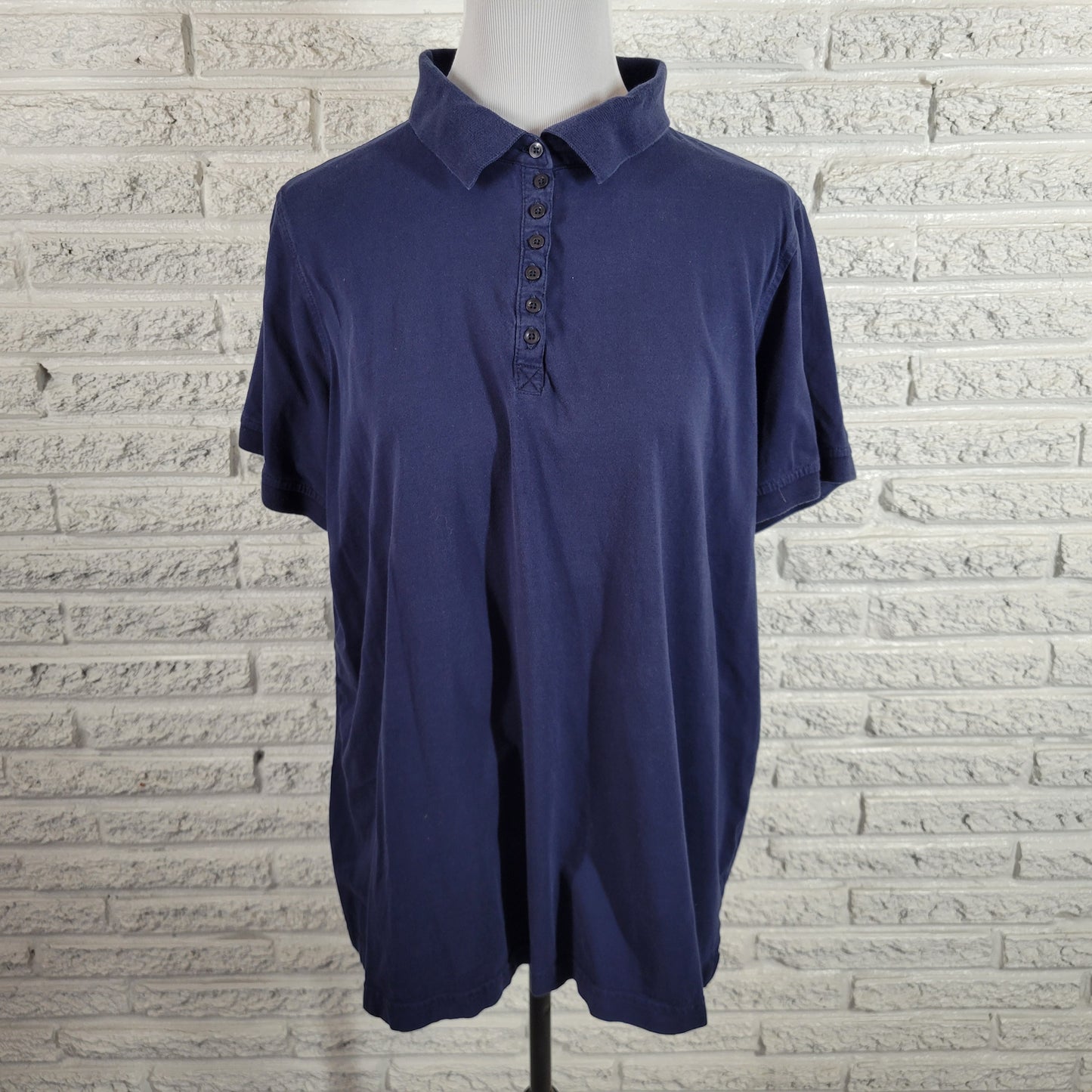 Woman Within Polo Shirt 1X Blue 100% Cotton Knit Short Sleeve Button Plus BLU28E