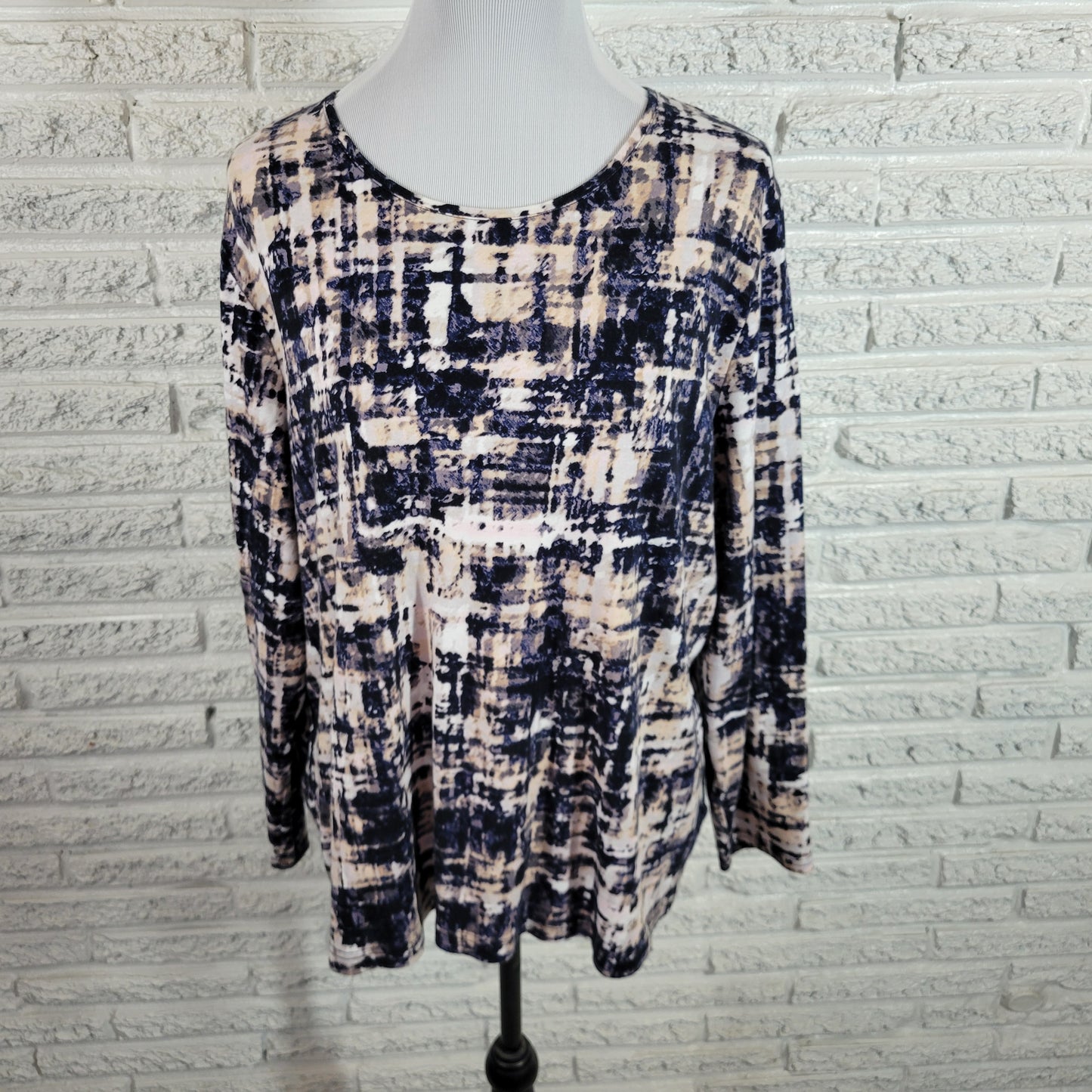 Croft & Barrow Tee 2X Blue Beige Watercolor 100% Cotton Long Sleeve Crew WAT46E