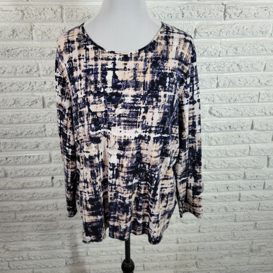 Croft & Barrow Tee 2X Blue Beige Watercolor 100% Cotton Long Sleeve Crew WAT46E