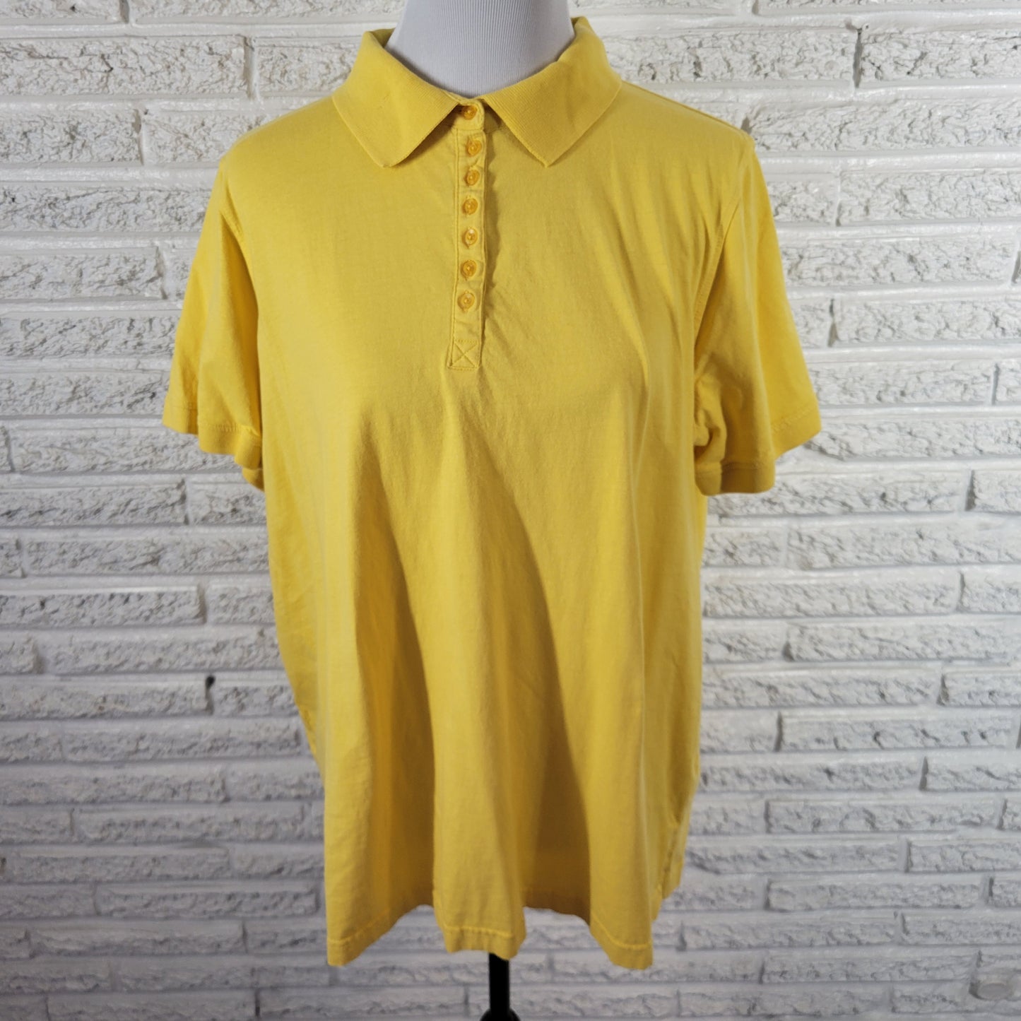 Woman Within Polo Shirt 1X Yellow 100% Cotton Knit Short Sleeve 1/4 Button YEL1E