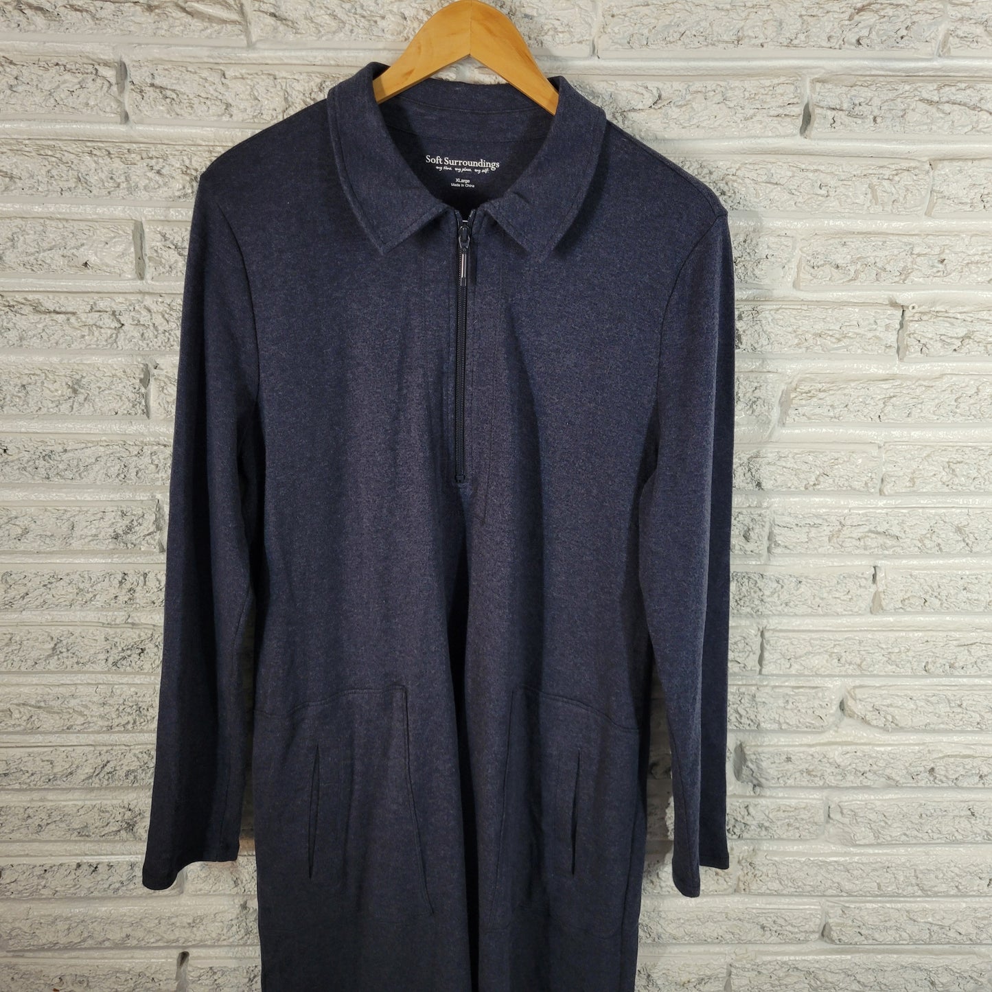 Soft Surroundings Womens XL Shirt Dress Blue Cotton 1/4 Zip Collared SWE46E