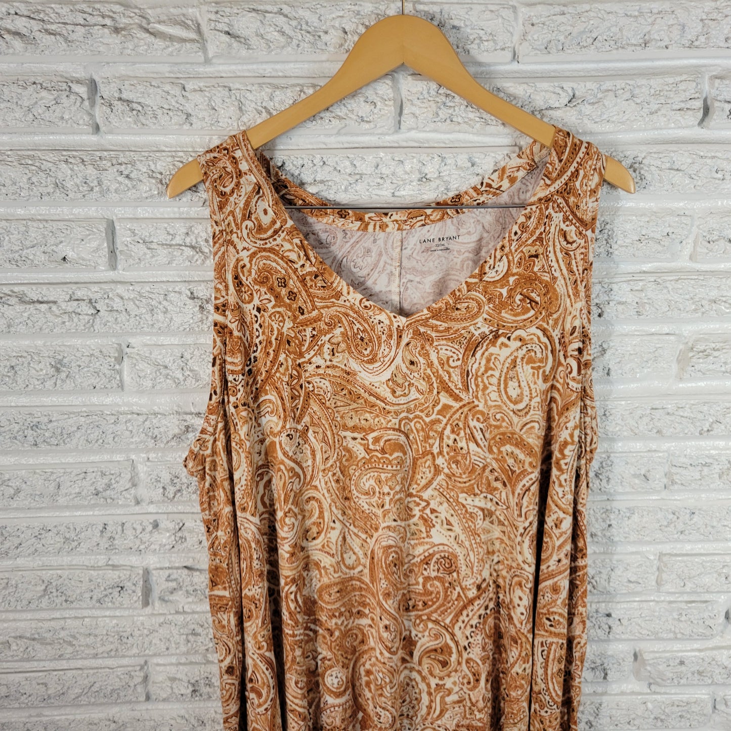 Lane Bryant Womens 22 24L Tunic Brown White Paisley Sleeveless VNeck PAI14E