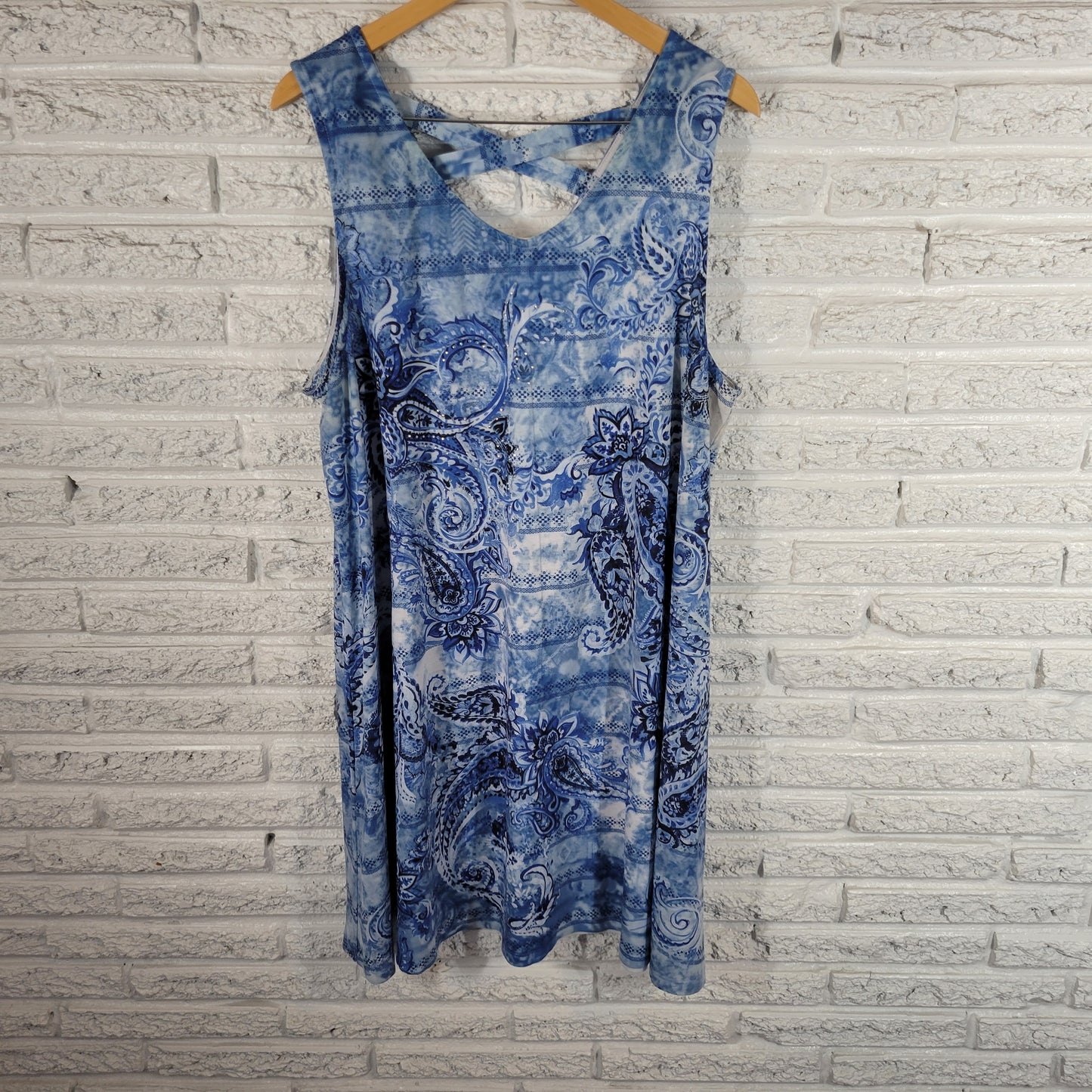 Time & Tru Womens XXL 20 Tank Dress Blue Paisley Studded Criss Cross Back PAI3E
