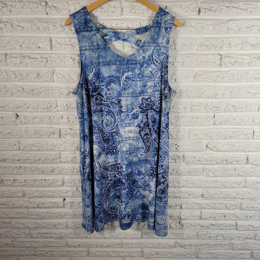 Time & Tru Womens XXL 20 Tank Dress Blue Paisley Studded Criss Cross Back PAI3E