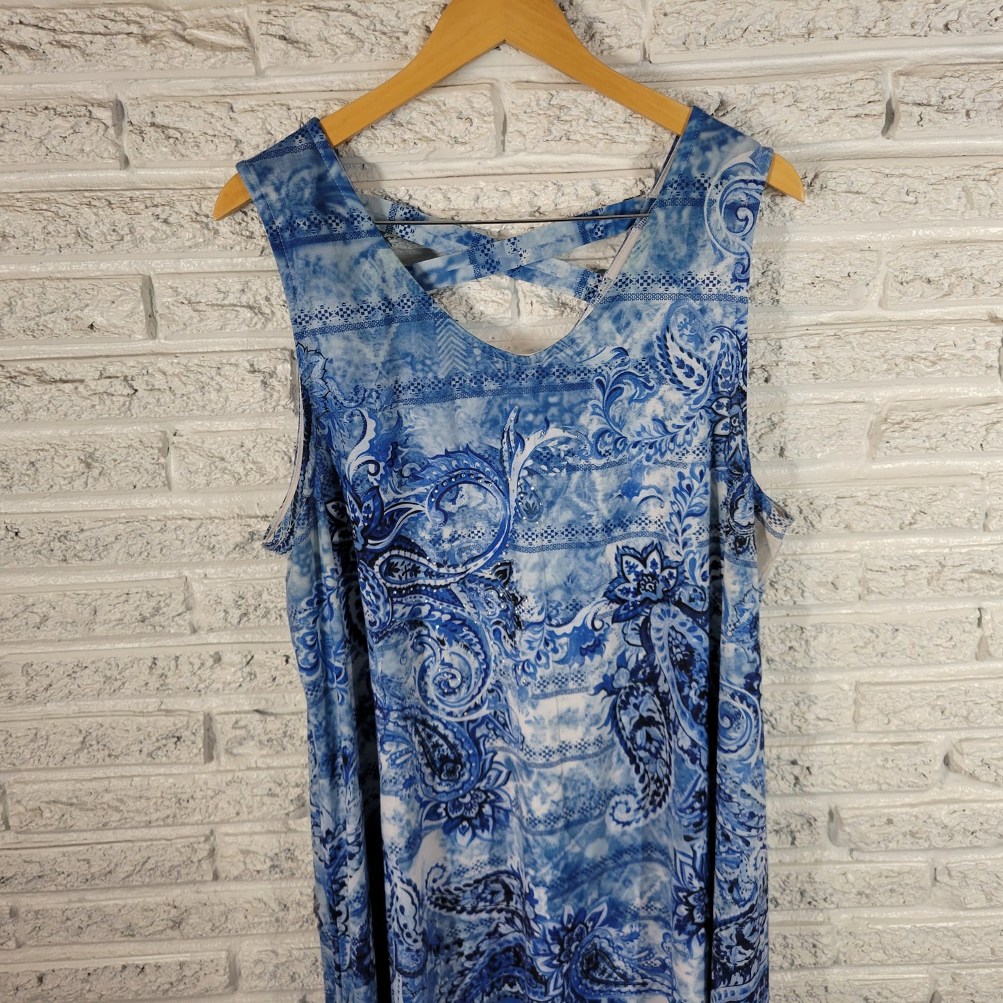 Time & Tru Womens XXL 20 Tank Dress Blue Paisley Studded Criss Cross Back PAI3E