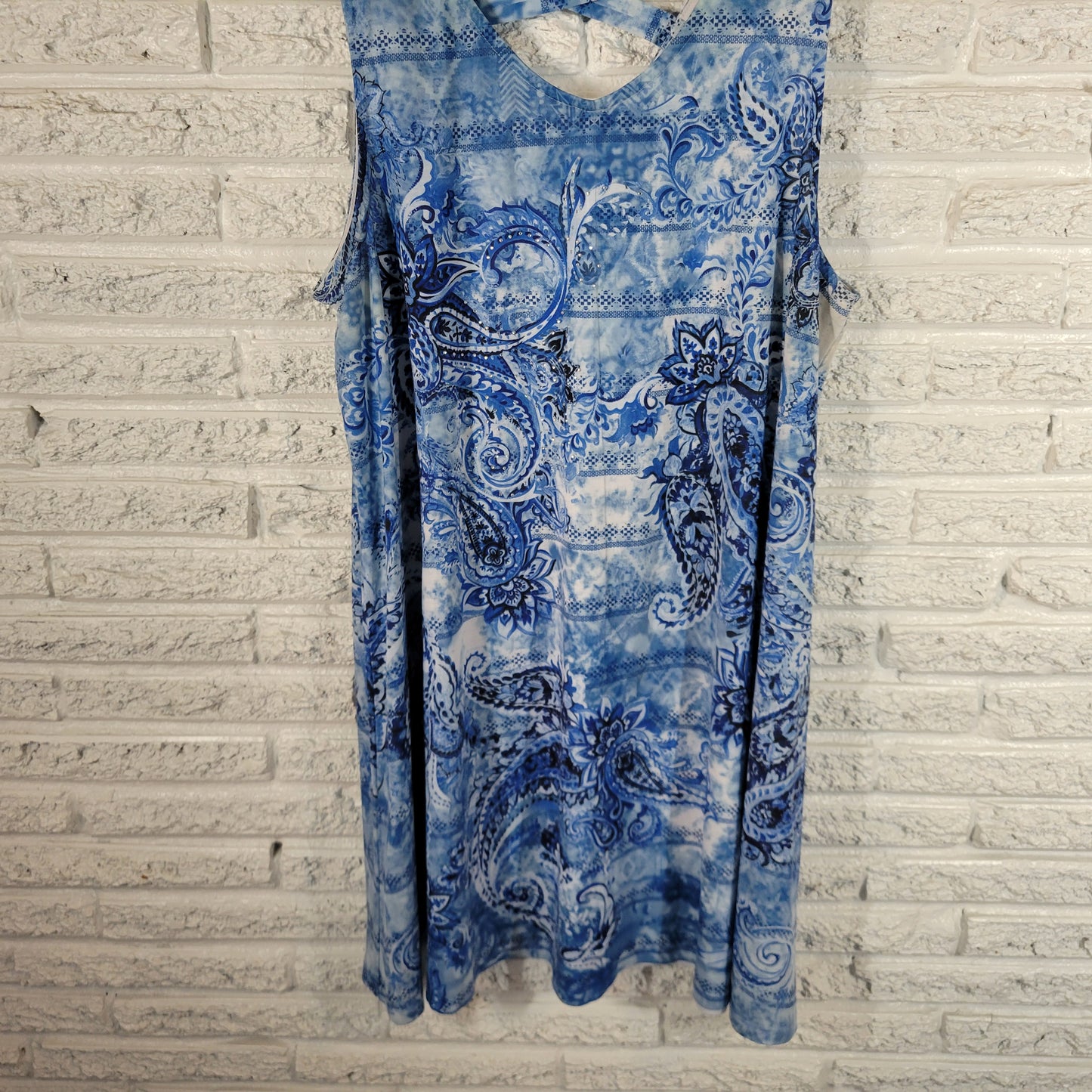 Time & Tru Womens XXL 20 Tank Dress Blue Paisley Studded Criss Cross Back PAI3E
