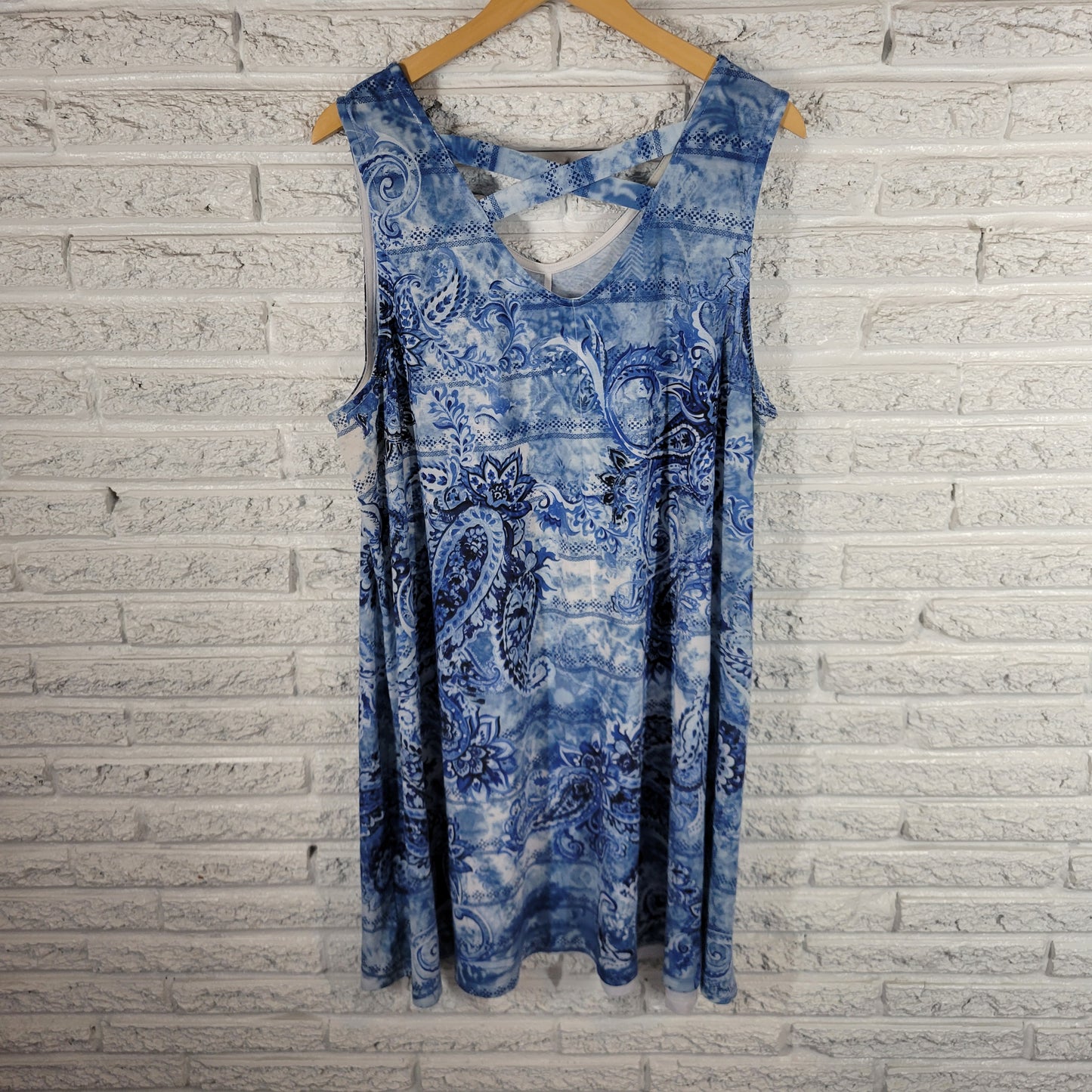 Time & Tru Womens XXL 20 Tank Dress Blue Paisley Studded Criss Cross Back PAI3E